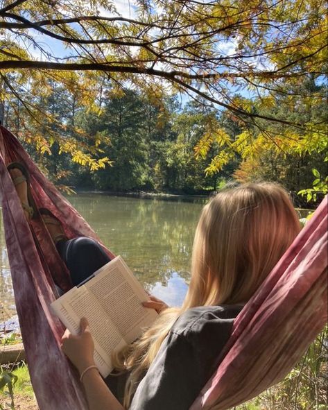 Reading Books Outside Aesthetic, Cute Reading Pictures, Fall Hammock Pictures, Reading Book By Window, Mood Board Reading, Reading On A Hammock, Cozy Reader Aesthetic, Nature Reading Aesthetic, Cozy Places To Read