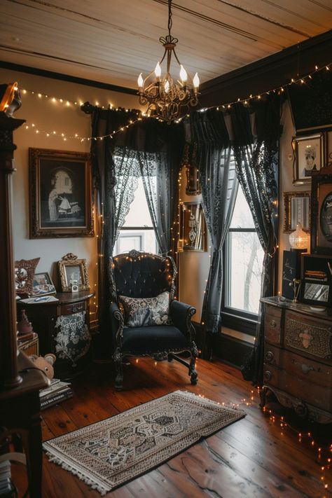 Whimsical Home Decor Ideas to Spark Your Imagination - Quiet Minimal Dark Cottagecore Apartment Decor, Dark Cottage Core House Interior, Dark Aethstetic Home Decor, Dark Studio Apartment Ideas, Moody Sitting Area, Whimsigoth Home Office, Dark Romantic Home Aesthetic, Haunted Room Aesthetic, Witches House Interior