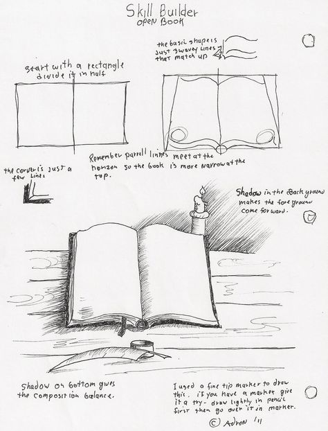 Adron's Art Lesson Plans: How To Draw an Open Book With Pen and Ink for the Young Artist Hayao Miyazaki, Art Lesson Plans, An Open Book, Basic Drawing, Book Drawing, Lukisan Cat Air, Art Instructions, Urban Sketching, Open Book