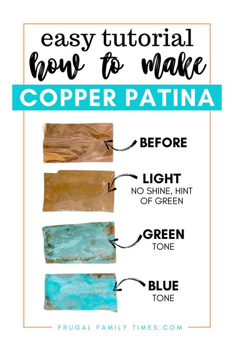 Wondering how to turn copper green? I've got the copper patina solution recipes for you! We're adding patina copper sheets to our stairs, but first I needed to experiment to find the perfect copper patina recipe. Here you'll find three: one subtle patina'd copper, second a green copper verdigris, the last a blue patina on copper. So many crafty ideas! Copper Patina Diy, Patina Diy, Patina Art, Old Basement, Miracle Grow, Stair Makeover, Patina Paint, Patina Metal, Copper Crafts