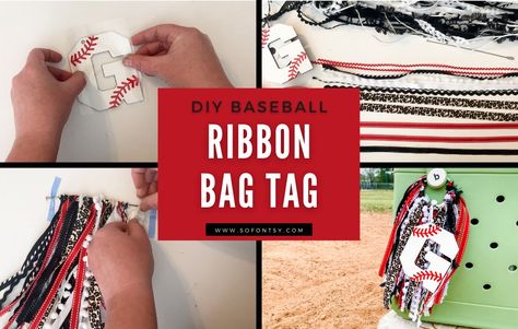 Bag Charms Diy How To Make, Sports Bag Tags Diy, How To Make A Bogg Bag Tassel, Diy Baseball Bag Tags, Diy Baseball Snack Bags, Gift Bag Tags Diy, Diy Softball Bag Tags, Ribbon Bag Tags Diy, Diy Bag Charms How To Make