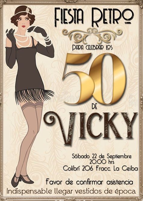 Invitación fiesta charleston | Fiesta de los años 20, Invitaciones de fiesta, Fiesta de gatsby Estilo Charleston, Gatsby Party Outfit, 1920s Theme, Gatsby Party Decorations, 20s Party, Charleston Style, 1920s Party, Gatsby Themed Party, Birthday Cheers