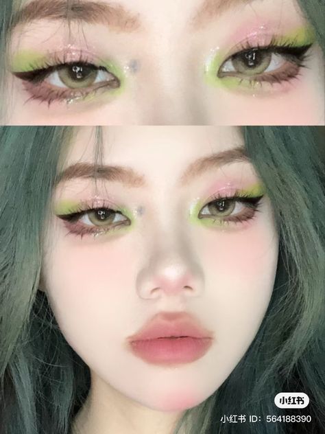 Green And Pink Makeup Looks, Green Douyin Makeup, Dragon Eye Makeup, Leaf Nail Art Tutorial, Green And Pink Makeup, Japanese Makeup Looks, Soft Fairy Makeup, Pink And Green Makeup, Romantic Makeup Looks