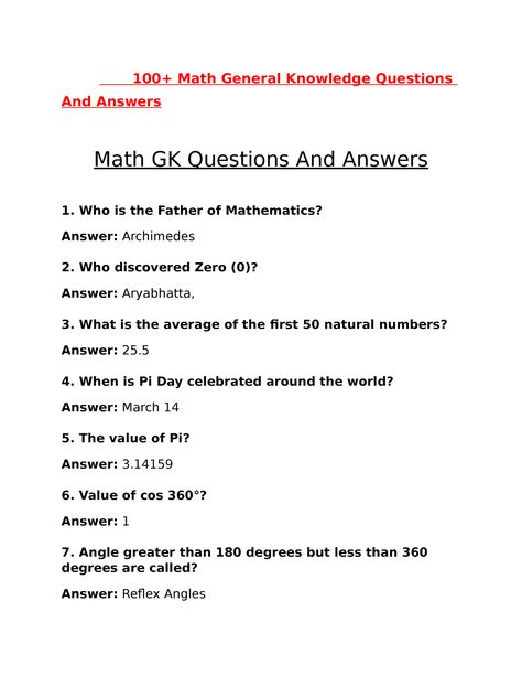 100+ Maths General Knowledge Questions And Answers - When is Pi Day celebrated around the world? - Studocu General Knowledge Questions In English, Maths Quiz With Answers, Gk Questions And Answers In English, Science Quiz Questions And Answers, Gk Knowledge In English, Math Questions And Answers, General Knowledge Quiz With Answers, Biology Questions And Answers, Maths Knowledge