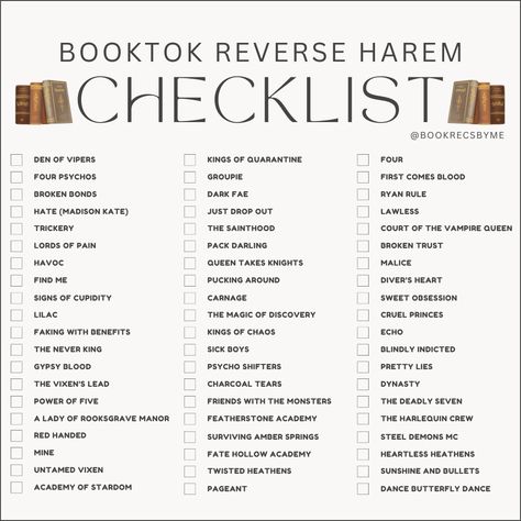 Booktok Checklist - Reverse Harem Book Reading Journal, Reverse Harem, Fantasy Books To Read, Unread Books, Dark Romance Books, Recommended Books To Read, Book Challenge, Favorite Book Quotes, Top Books To Read