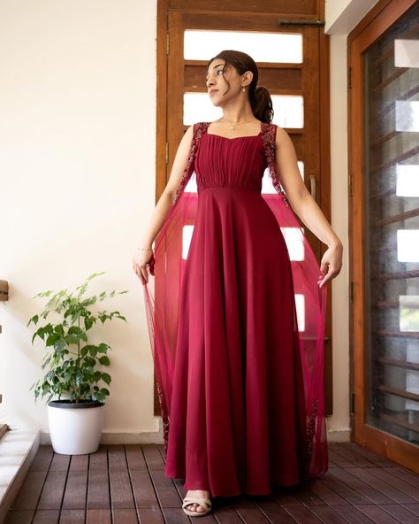 “Today, my heart turned red”. . . Gorgeous Sreya is wearing a beautiful dress from our signature collection. We have highlighted the… | Instagram Long Simple Gowns For Women, Frock For Function, Lehanga Designs With Saree, Women's Frock Design, Kerala Churidar Designs, Marriage Function Outfit For Women, Frock For Women Party Wear, Skirt Top Indian Outfit Wedding, Trendy Frocks For Women Party Wear
