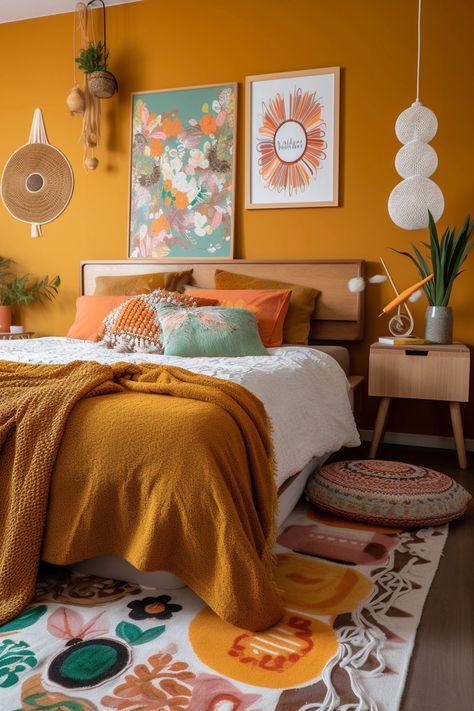 Déco années 70 : créez une ambiance rétro-chic chez vous Orange And Yellow Room Decor, Retro Chic Interior Design, Home Decor Orange, Retro Chic Bedroom, Deco Retro Vintage, Style Boheme Deco, Red And Yellow Room, Seventies Bedroom, Orange Walls Bedroom