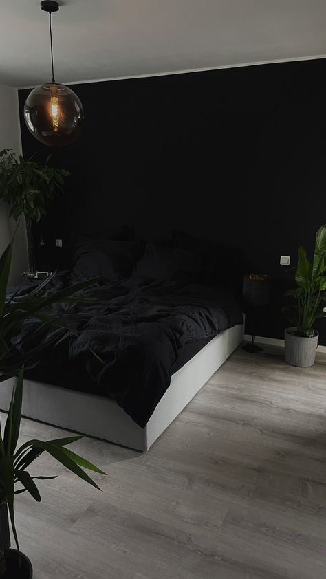 Men’s Black Bedroom, Dark Black Bedroom Aesthetic, Black Duvet Bedroom Ideas, Mens Bedroom Aesthetic Dark, Black Earthy Room Aesthetic, Black Room Minimalist, Dark Grey Walls Bedroom Aesthetic, Cozy Black Bedroom Aesthetic, Black And White Aesthetic Bedroom Ideas Minimalist