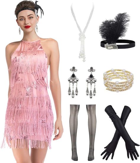 Amazon.com: Women's Flapper Dress 1920s Gatsby Tassel Sway Dance Cocktail Dress with 20s Accessories Set (XXL, Pink) : Clothing, Shoes & Jewelry 20s Accessories, 1920s Outfit, Flapper Dress 1920s, Rumba Dresses, Beaded Flapper Dress, 1920s Gatsby, Satin Gloves, Fringe Flapper Dress, 1920s Outfits