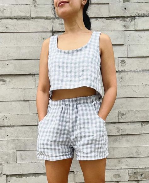 Couture, Gingham Matching Set, Crop Top Pattern Sewing, Linen Top Pattern, Sewing Tank Top, Shorts Pattern Sewing, Summer Matching Sets, Matching Top And Shorts, Top Pattern Sewing
