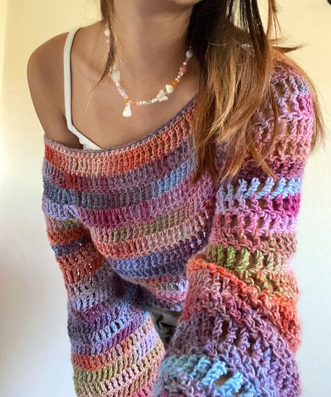 Crochet Sleeves Aesthetic, Colorful Crochet Sweaters, Rainbow Sweater Vest, Crochet Sweater Outfit Aesthetic, Loose Knit Crochet Sweater, Matching Crochet Sweaters, Crochet Sweater Fall Colors, Crochet Sweater Trendy, Crochet Sweater Big Sleeves