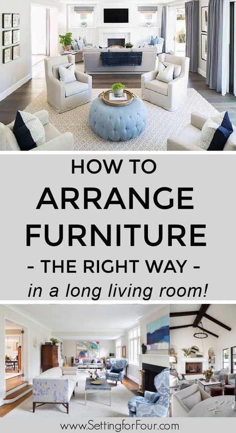 Long Living Room Layout, Awkward Living Room Layout, How To Arrange Furniture, Large Living Room Layout, Rectangle Living Room, Long Narrow Living Room, Arrange Furniture, Dining Room Layout, Rectangular Living Rooms