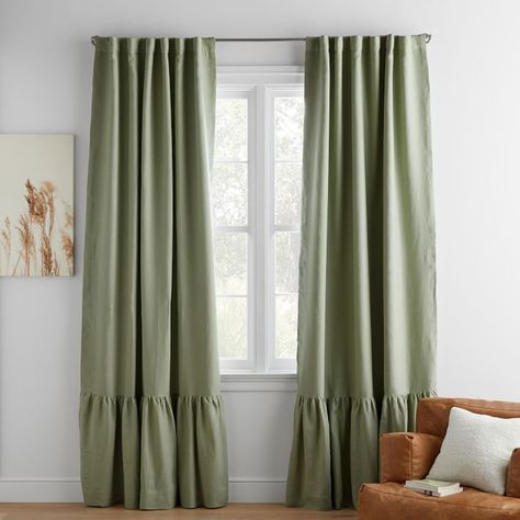 Curtain Over Bathtub Window, Curtains With Trim Living Room, Curtains With White Walls, Roman Drapes, Kitchen Drapes, Sage Green Curtains, Sage Curtains, Turtle House, Ruffle Curtains