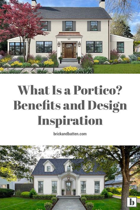 Your home’s entryway is one of the most important aspects of its exterior design — and porticos are an aesthetically appealing and functional way to accentuate it. Check out this post to learn what a portico is, the benefits of porticos, how a portico differs from a porch, and design inspiration for using one of these design elements on your façade. Portico Without Columns, Portico Before And After, Colonial Home Front Porch, Front Portico Ideas Entryway, Garage Portico Ideas, Portico Ideas Entrance, Front Porch With Gable Roof, Portico Ceiling Design, Small Portico Over Door