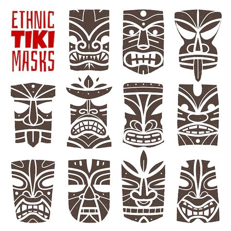 Polynesian Tiki Tattoo Design, Tiki Tattoos For Men, Tiki Head Drawing, Tiki Head Tattoo, Hawaiian Graphics, Hawaiian Tiki Mask, Totem Tiki, Tiki Pop, Noir Tattoo