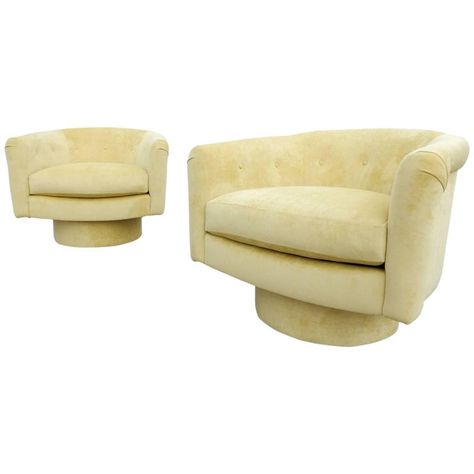 A pair of petite swivel lounge chairs designed by Milo Baughman.We just had them professionally reupholstered in a canary yellow velvet.Like new condition ready to be enjoyed on delivery. Milo Baughman, Yellow Velvet Chair, Modern Upholstery, Lounge Chair Design, Velvet Chair, Canary Yellow, Decor Guide, Chairs For Sale, Lounge Chairs