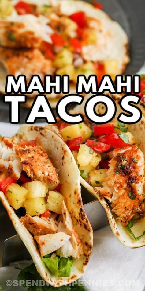 Mahi Mahi Tacos are the best for any season. As a finishing touch, top them with mango salsa, an avocado, or a simple white fish sauce. #spendwithpennies #mahimahitacos #maindish #recipe #fish #fishtacos #mangosalsa #blackened #fried #mahimahi Marinated Mahi Mahi Recipes, Mahi Mahi And Rice Recipes, Mahi Fish Tacos Easy, Seared Fish Tacos, Mahi Mahi Tacos Air Fryer, Fish Taco With Mango Salsa, Maui Maui Fish Tacos, Fresh Mahi Recipes, Dolphin Recipes Mahi Mahi