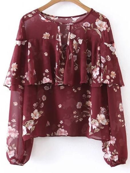 Shop Floral Ruffle Trim Chiffon Top online. SheIn offers Floral Ruffle Trim Chiffon Top & more to fit your fashionable needs. Áo Crop Top, Girls Dresses Sewing, Fancy Tops, Cotton Kurti Designs, Fashion Tops Blouse, Trendy Dress Outfits, Sleeves Designs For Dresses, Trendy Fashion Tops, Stylish Dress Book