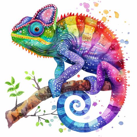 Cartoon Rainbow Chameleon Reptile Watercolor Art Printable High Quality JPG Papercraft Junk Journal Scrapbooking Digital Download On Etsy: dreamweavecraftery.etsy.com #rainbow #chameleon #cartoon #watercolor #clipart #art #papercraft #designing #craft #junkjournal #printable #download #reptile #animal Chameleon Cartoon, Chameleon Watercolor, Rainbow Chameleon, Art Papercraft, Coloured Pictures, Chameleon Tattoo, Cartoon Watercolor, Chameleon Art, Cartoon Rainbow