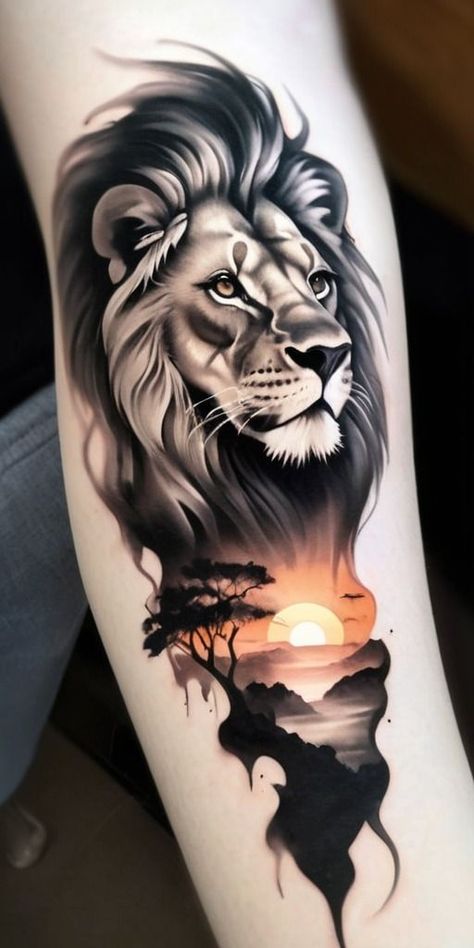 LION SAVANNA SUNSET TATTOO DESIGN Lion Tattoo Design Realistic, Lion Tattoo Design Forearm, Loin Tattoos Design, Tattoo Lion Design, Sunset Tattoo Design, Leones Tattoo, Lion Tattoo On Forearm, Tattoo Ideas For Beginners, African Warrior Tattoos