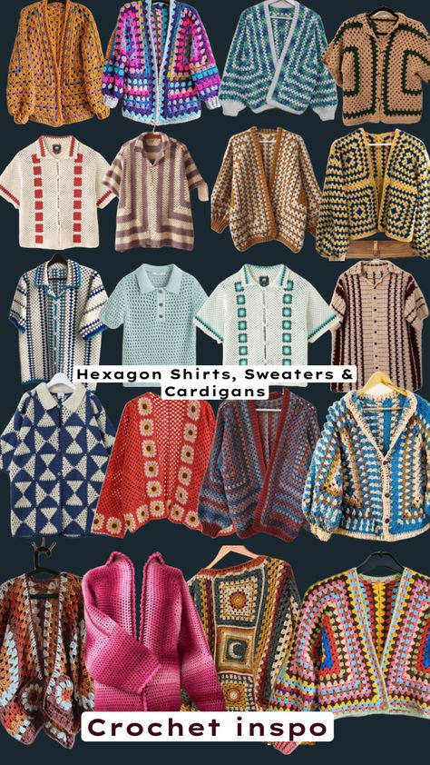 Hexagon Cardigans and Men’s Shirts have been trending lately. For a how-to, there’s plenty online to get you started. #crochet #hexagoncardigan #hexagoncrochet #outfitinspo #crochetinspo #collage Free Crochet Jacket Patterns, Sweater And Cardigan, Crochet Men, Crochet Cardigan Pattern Free, Hippie Crochet, Crochet Jumper, Cardigan Design, Stylish Crochet, Crochet Hexagon