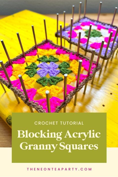 Granny Squares Blanket Pattern, Block Granny Squares, Blocking Acrylic Yarn, How To Block Crochet Granny Squares, Block Granny Squares How To, How To Block Crochet Squares, Blocking Granny Squares How To, Diy Crochet Blocking, Granny Square Peg Board