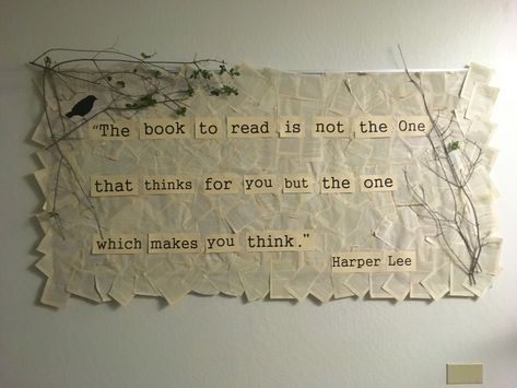 Secondary English Classroom Bulletin Board Idea.  Great Harper Lee quote. Display Writing In Classroom, Book Wall Classroom, Bulletin Board English Classroom, English Teacher Room Ideas, English Classroom Bulletin Board Ideas, English Classroom High School Decor, Literature Classroom Aesthetic, English High School Classroom Decoration, Quotes For English Classroom