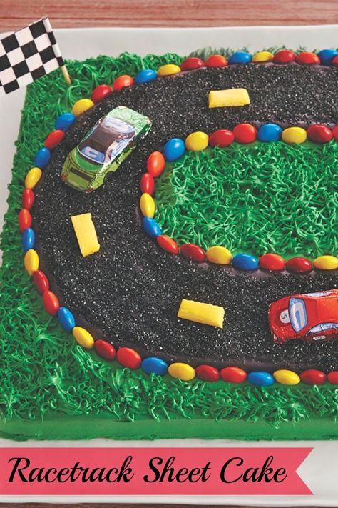 Have some racing fans in the family? Whip up this surprisingly simply cake with frosting grass and racetrack, perfect for a race-watching party or your favorite car lover’s birthday. The cars are even made of chocolate—how cute is that? Cars Cake Ideas, Chocolate Car, Birthday Cake For Boyfriend, Race Car Cakes, Cake For Boyfriend, Festa Hot Wheels, Cars Birthday Cake, Cars Cake, Hot Wheels Birthday