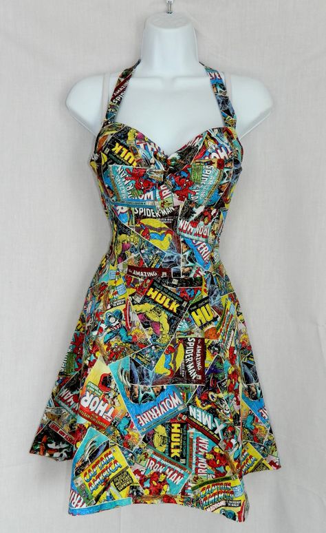 Custom Marvel Avengers comic book dress by CandiedStarfish on Etsy, $45.00 Fandom Fashion, Haute Couture, Upcycling, Comic Book Dress, Marvel Dress, Comic Dress, Marvel Fashion, Marvel Avengers Comics, Book Dress