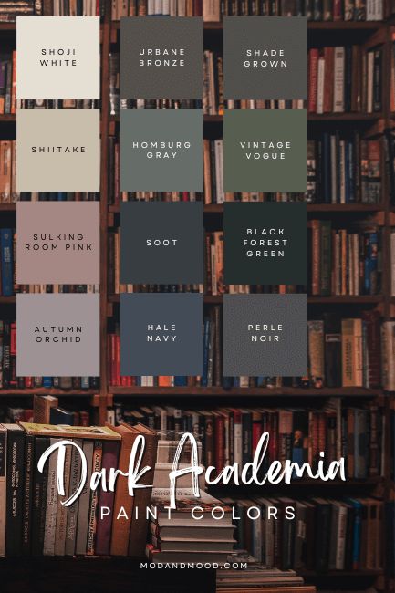 Get the Dark Academia Aesthetic with This Moody Color Palette (12 Fave Colors!) - Mod & Mood Navy Walls Light Wood Floors, Bedroom Paint Colors Moody, Moody Cottage Paint Colors, Different Wall Colors Living Room, Brown Painted Paneling, Library Room Colors, Moody Library Paint Colors, Darker Neutral Paint Colors, Moody Farmhouse Paint Colors