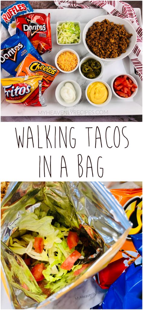 Walking Tacos (Tacos in a bag)- easy dinner meal for a crowd! Graduation, parties, summer, etc. Whats in a taco in a bag? Taco In A Bag For A Crowd, Walking Tacos In A Bag Recipe, Walking Street Tacos, Lake Meals Easy, Tacos In A Bag For A Crowd, Taco Bag Doritos, What Goes With Walking Tacos, How To Make Walking Tacos, Walking Taco Meal Prep