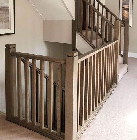 This elegant dusted oak staircase underlines how Neville Johnson can completely transform your existing staircase with no fuss or major upheaval. Oak Spindle Staircase, Cottage Banister Ideas, Two Storey Staircase Ideas, Staircase Wall Cladding, Wooden Banister, Neville Johnson, Wooden Staircase Railing, Classic Staircase, Wooden Staircase Design