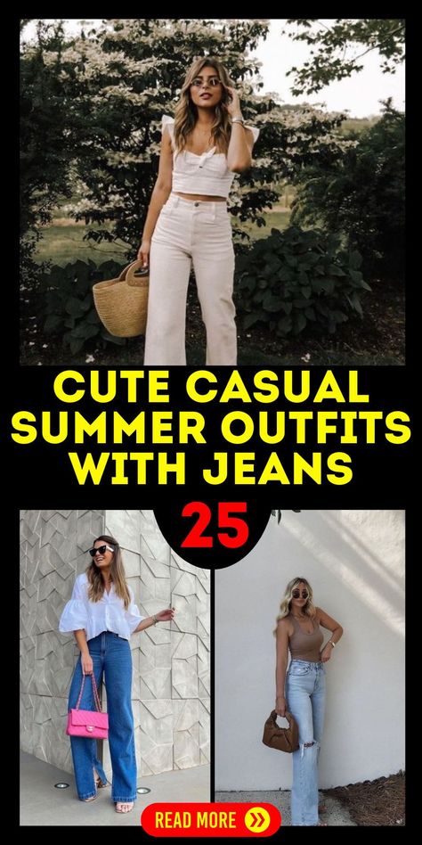 Find cute casual summer outfits with jeans that offer both style and comfort. Women can choose from bootcut, straight leg, or girlfriend jeans and pair them with casual tops like crop tops, T-shirts, or bodysuits. Complete your outfit with sneakers or sandals for an effortless street style look. Ideal for summer parties, office wear, or simple everyday outfits, these ideas cater to a variety of tastes and sizes. Casual Bbq Outfit Summer, Casual Summer Outfits With Jeans, Bootcut Jeans Outfit Summer, Causal Outfits For Women Summer, Simple Everyday Outfits, Summer Outfits With Jeans, Casual Jeans Outfit Summer, Cute Casual Summer Outfits, Outfits With Jeans