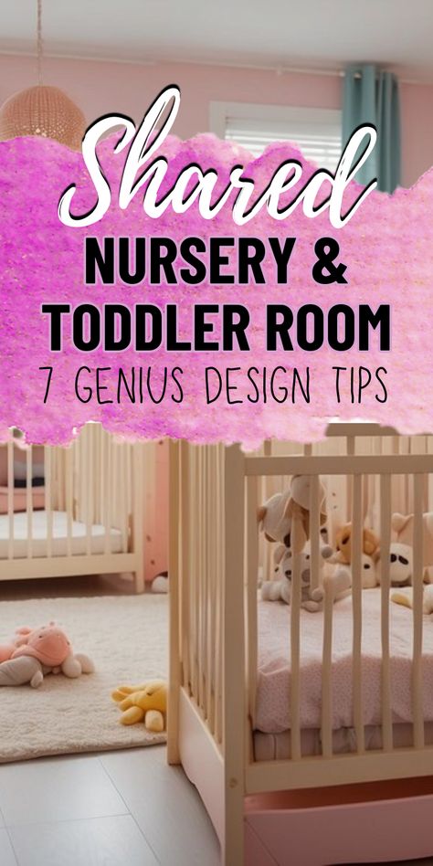 Shared nursery and toddler room design ideas. Twin Bed Crib Shared Room, Shared Sibling Room With Crib, Crib And Twin Bed Shared Room Layout, Shared Bedroom Crib And Twin Bed, Siblings Sharing Bedroom Small Spaces, Small Two Kids Bedroom Ideas, Nursery For 2 Under 2, Sharing Nursery With Sibling, Infant Toddler Shared Bedroom