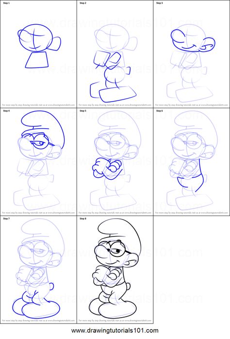 How to Draw Brainy Smurf from Smurfs - The Lost Village Printable Drawing Sheet by DrawingTutorials101.com Smurf Village Drawing, Croquis, The Smurfs Drawing, Smurf Drawing Easy, Smurf Sketch, Smurfs Drawing, Brainy Smurf, Smurfs The Lost Village, The Lost Village