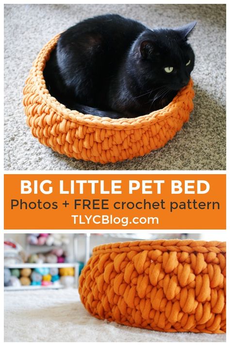 Make the Big Little Pet Bed, a FREE crochet pattern made in partnership with Yarnspirations. Made with Bernat Maker Big, a jumbo size yarn, you can work up a customizable crochet cat bed in just an afternoon. Practice the spike stitch, working in the round, working in a spiral, and the crochet invisible join. Find the free pattern and links to all of my favorite tools in the post. |TLYCBlog.com Crochet Jumbo Yarn, Jumbo Yarn Crochet Pattern, Pet Bed Pattern, Cat Bed Pattern, Katt Diy, Invisible Join, Spike Stitch, Chat Diy, Tl Yarn Crafts