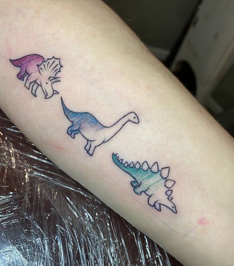 Three Dinosaur Tattoo, Color Tattoo, Dinosaur Tattoo Dinosaur Friendship Tattoo, Cute Matching Dinosaur Tattoo, Three Dinosaur Tattoo, Sister Dinosaur Tattoos, Dinosaur Tattoos Matching, Color Dinosaur Tattoo, Mom Dinosaur Tattoo, Matching Dinosaur Tattoo Best Friends, Three Sister Tattoo Ideas