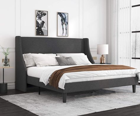 Amazon.com: Allewie King Size Platform Bed Frame with Deluxe Wingback/Upholstered Bed Frame with Headboard/Wood Slat Support/Mattress Foundation/Dark Grey(King): Furniture & Decor Grey Upholstered Bed, Bed Frame Platform, Headboard Modern, Modern Upholstered Beds, King Size Platform Bed, Full Size Platform Bed, Queen Size Platform Bed, Full Size Bed Frame, Wingback Bed