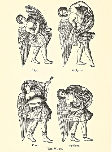 Illustration of The Four Winds from an 1898 version of Bullfinch's Mythology from an Ephemera Grab Bag on Greek Mythology. Myth Art, Wind Spirit, Angel Sculpture Art, The Four Winds, Spirit Magic, Four Winds, Textiles Projects, Four Arms, Roman Mythology