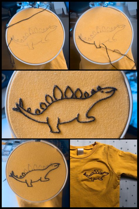 Mixed Medium Embroidery, Embroidery Dinosaur Simple, Hand Embroidered Dinosaur, Cute Embroidery Dinosaur, Hand Embroidery Dinosaur, Dinosaur Hand Embroidery, Dinosaur Embroidery Design, Simple Embroidery Tshirt, Dinosaur Embroidery Pattern
