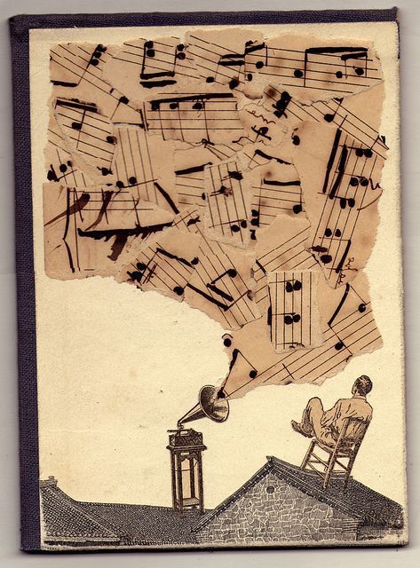 Posted Notes Art, Collage Art Simple, Simple Collage Art, Listening To Music Art, Music Collage Art, Feeling Music, Sheet Music Artwork, Kollage Konst, Vintage Music Art