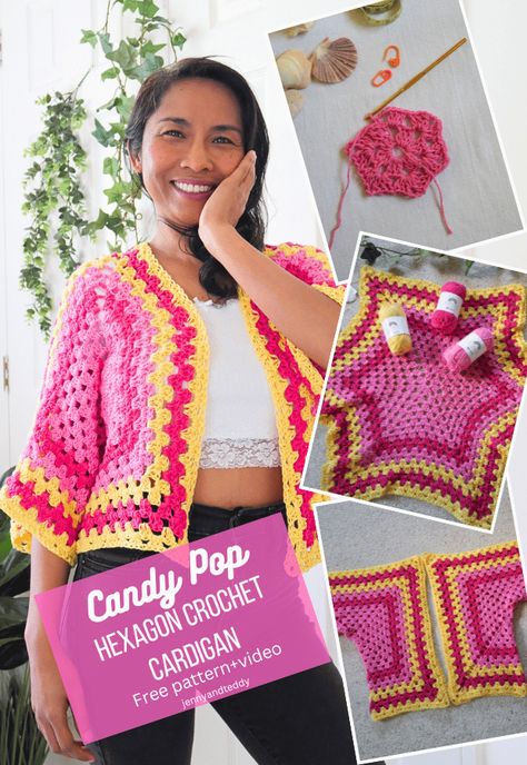 The easiest crochet hexagon cardigan free pattern. Ponchos, Crochet Stitch Chart, Hexagon Cardigan Crochet Pattern, Crochet Granny Square Top, Diy Crochet Cardigan, Hexagon Cardigan, Hexagon Crochet Pattern, Granny Square Top, Crochet Granny Stitch