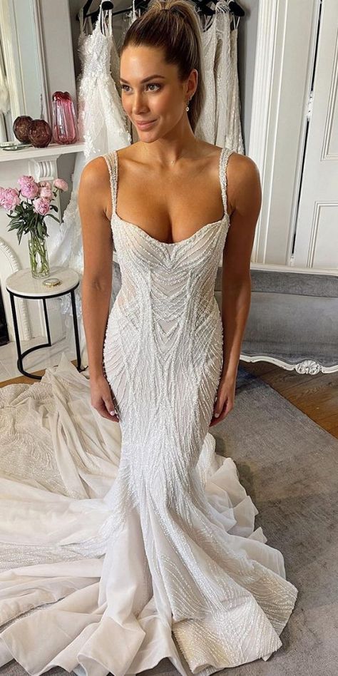 Sweetheart Mermaid Wedding Dresses ★ #bridalgown #weddingdress Sparkly Spaghetti Strap Dress, Wedding Dresses Sparkly Mermaid, Matte Satin Bridesmaid Dresses, Form Fitting Flowy Wedding Dress, Beaded Glitter Wedding Dress, Second Wedding Dress Sparkle, Unique Party Dresses Classy, Sheath Wedding Dress Sweetheart Neckline, Trumpet Wedding Dress No Lace