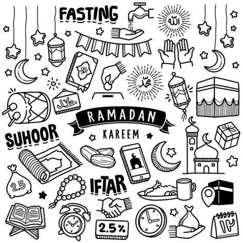 Hand-drawn collection: ramadan kareem | Premium Vector #Freepik #vector #food #islamic #gift #hand Ramadan Kareem Drawing Art, Islam Doodle, Ramadan Kareem Drawing, Ramadan Drawing Art, Ramadan Kareem Design Art, Ramadan Doodles, Ramadan Drawing Ideas, Ramadan Planner Ideas, Ramadan Drawings