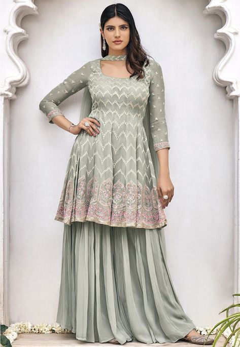 Grey Sharara, Gharara Suits, Georgette Sharara, Sharara Pants, Party Sarees, Sharara Suit, Pakistani Suits, Suit Fabric, Thread Work