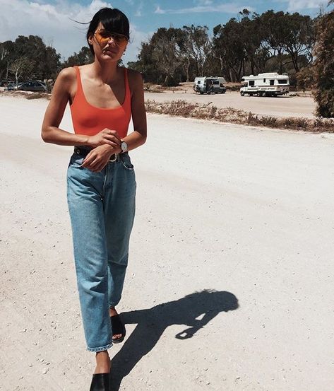 Mom jeans Loose Tank Top Outfit, Tank Top Outfit, Asos Jumpsuit, Top Outfit, Red Tank, Vintage Spring, Loose Jeans, Instagram Analytics, Summer Tank