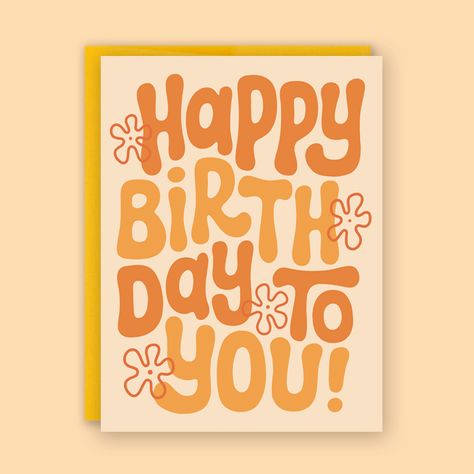 Groovy Happy Birthday Greeting Card - Single Card Groovy Birthday Card, Procreate Birthday Card, Birthday Graphic Design Ideas, Digital Birthday Cards Design, Letter Design Ideas Cards, Happy Birthday Groovy, 22 Birthday Card, Birthday Cards Aesthetic, Groovy Happy Birthday