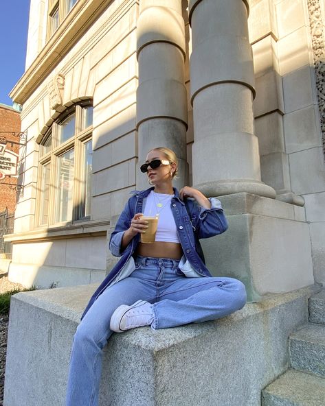 Denim on denim outfits, fall fashion 2021, street style outfits, Abercrombie denim, hailey bieber style inspo Denim On Denim, Denim Outfits, Denim Outfit Photoshoot, Denim On Denim Outfits, Street Fashion Photoshoot, Ny Outfits, Hailey Bieber Style, High Rise Straight Jeans, Street Style Outfits