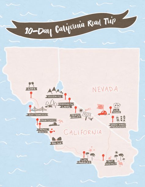 Los Angeles, California Road Trip Map, Usa Road Trip Map, California Road Trips, Pch Road Trip, Pacific Coast Road Trip, California Coast Road Trip, California Honeymoon, California Roadtrip