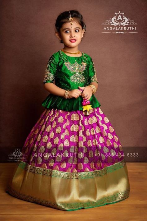 Baby Langa Blouse Designs, Pattu Lehenga Designs, Kids Half Saree Designs, Baby Pattu Langa Designs, Langa Jacket For Kids Pattu, Kids Langa Blouse Designs, Pattu Langa Blouse Designs For Kids, Pattu Langa Voni Half Saree, Kids Pattu Langa Blouse Designs